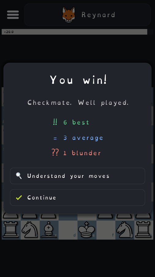 End-of-game review with best, average and blunder counts
